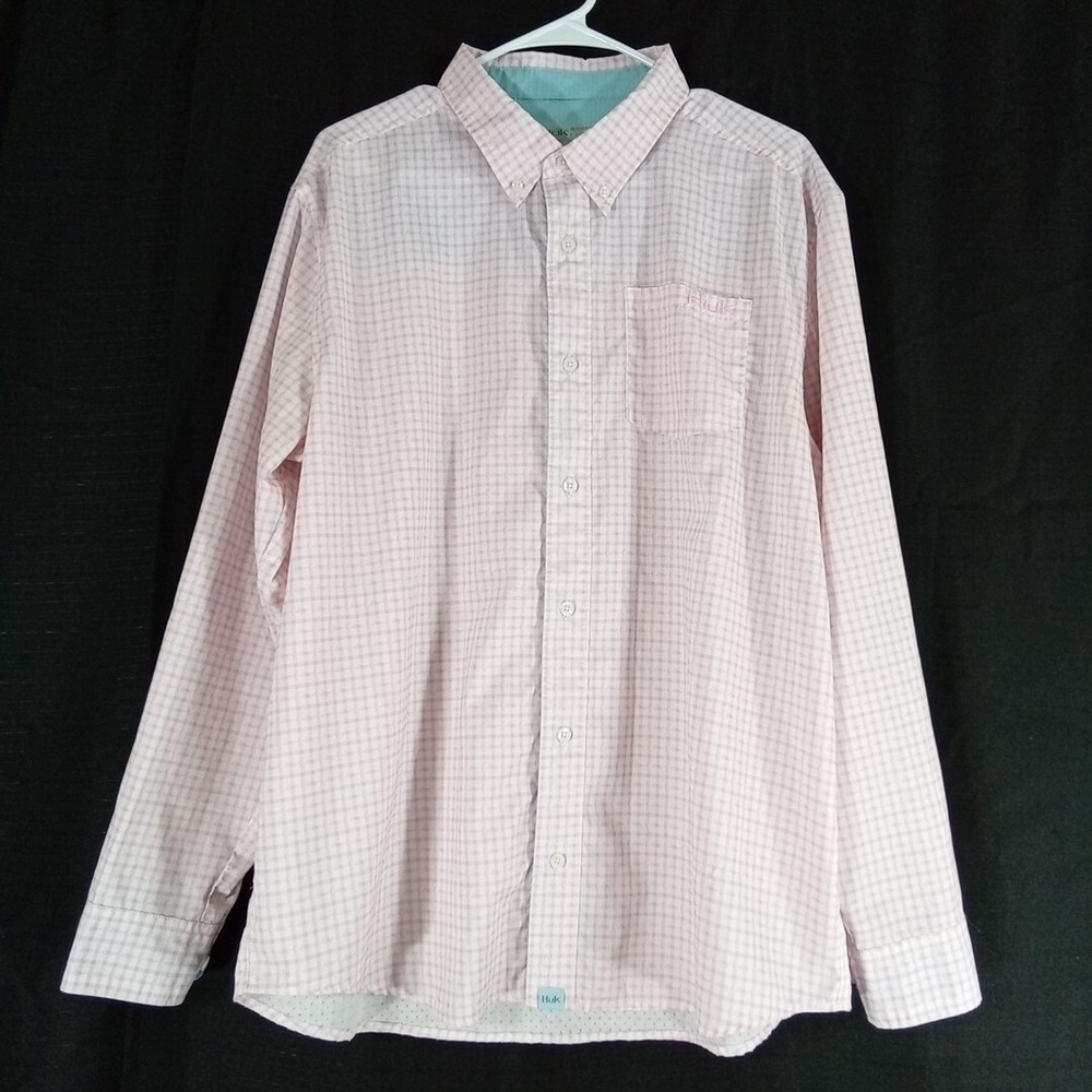 Huk Performance Shirt Mens LARGE Pink Checker Plaid Long Sl Collar Pocket Sports